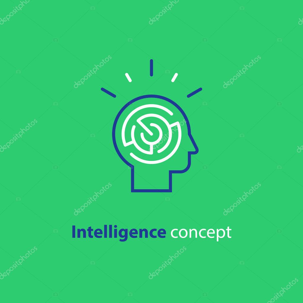 Logic games concept, creative thinking, head maze line icon, mind labyrinth, mental work, strategic thinking, psychology vector logo