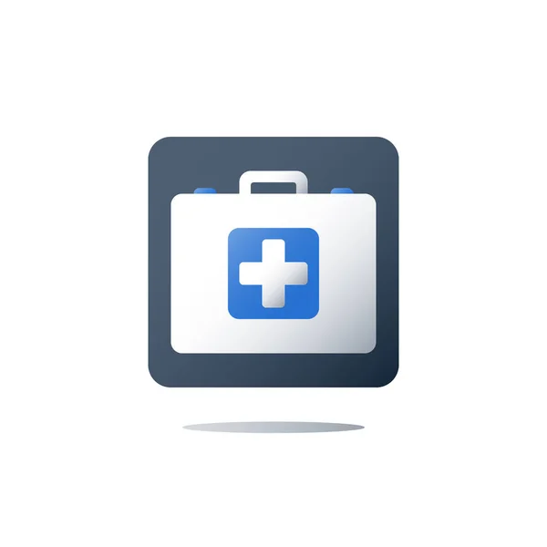 Eerste hulp kit met tas van arts, medische diensten, gezondheidsbeleid, ziektekostenverzekeringen — Stockvector