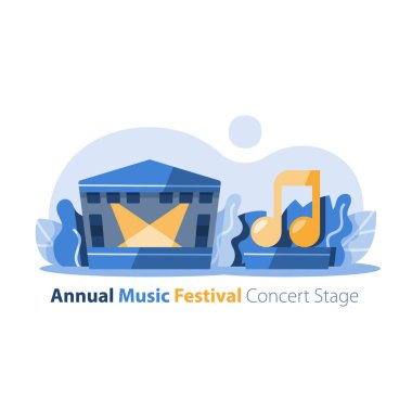 Music festival, outdoor concert stage with gabled roof, entertainment performance, festive event arrangement clipart