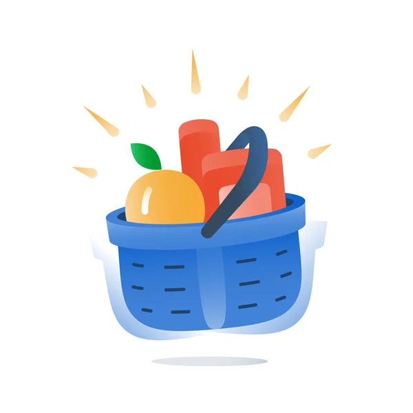 Kruidenier en supermarkt volledige blauwe mand van voedsel, aanbieding, supermarkt levering, beste deal aankoop — Stockvector
