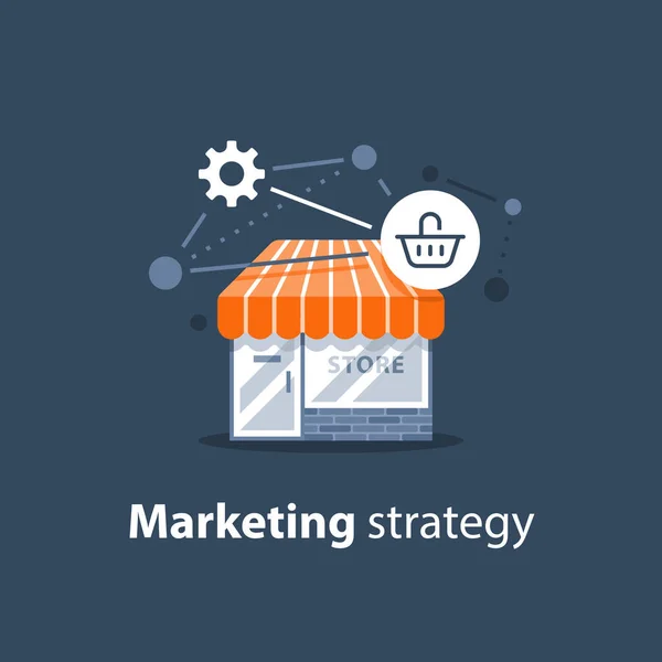 Technologie d'achat en ligne, stratégie marketing, développement du commerce de détail, devanture de magasin — Image vectorielle