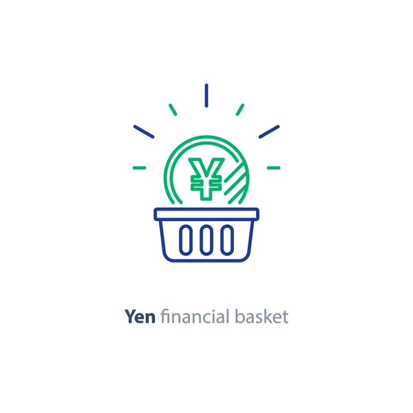 Pièce en yens dans le panier, concept financier, plan d'investissement, augmentation des revenus, icône de ligne — Image vectorielle