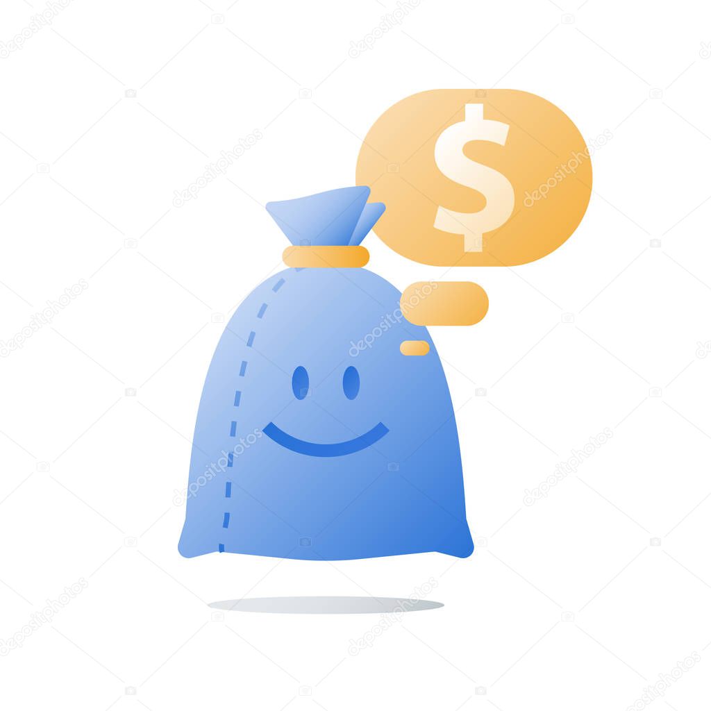 Easy loan, money bag with smile, financial satisfaction, fund raise, income growth, return on investment