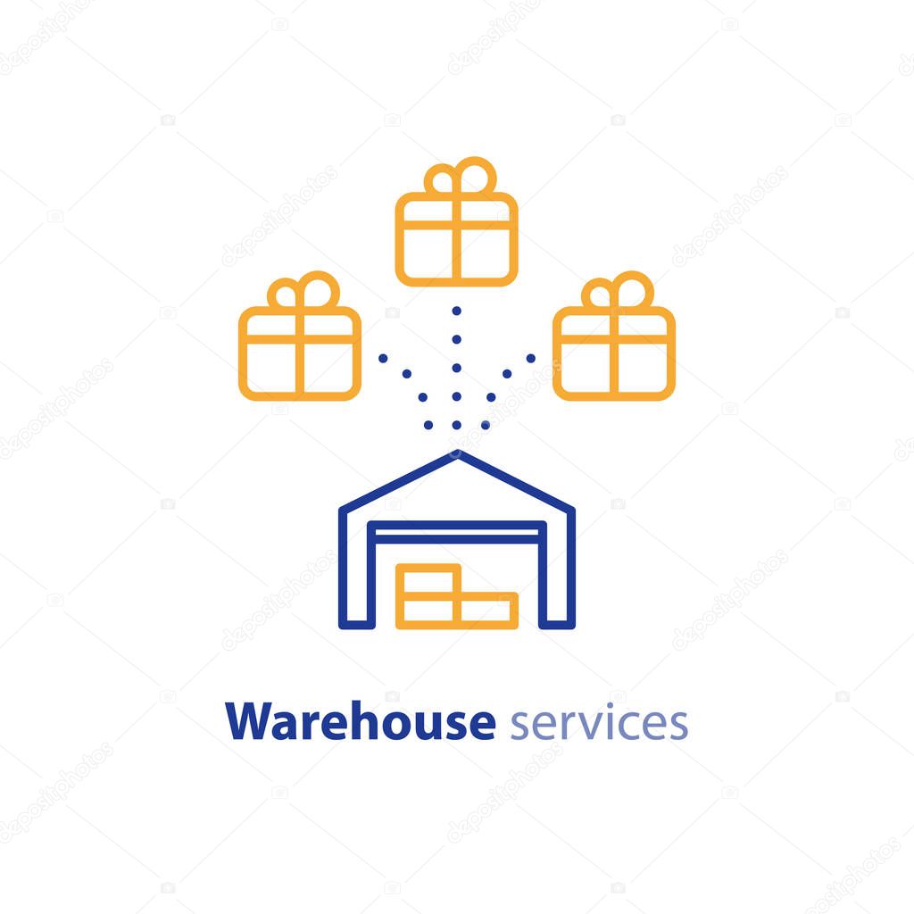 Wholesale warehouse distribution center concept, delivery chain solution and storage services logo elements, shipping multiple order line icon, combined parcel outline vector