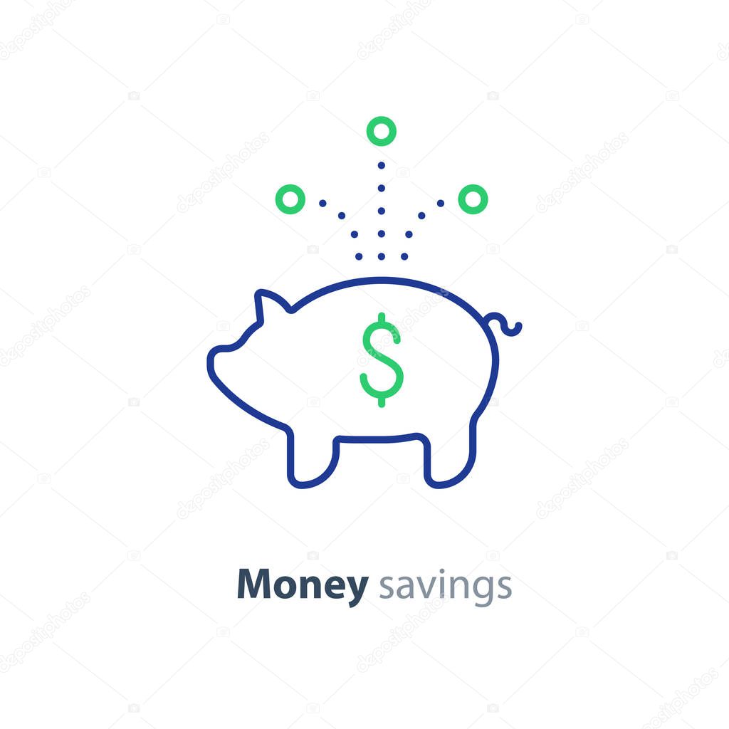 Piggy bank concept, long term investment, savings account deposit, pension fund money, financial planning, vector flat icon