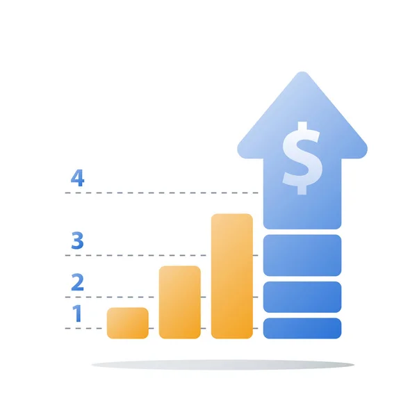 Aumento de ingresos, crecimiento de ingresos, gráfico ascendente financiero, aceleración de negocios, ganar más dinero, retorno de la inversión — Archivo Imágenes Vectoriales