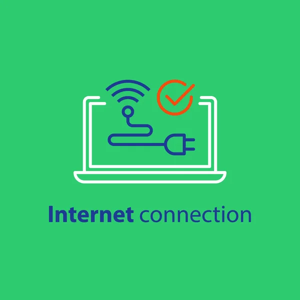 Drahtlose Internetverbindung, Laptop-Computer, Wi-Fi-Zeichen, Vektor-Strich-Symbol — Stockvektor
