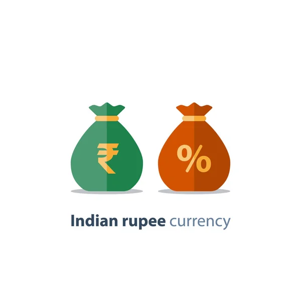 Bolsas de dinero, signo de rupia india, cambio de divisas, ahorro e inversión, solución financiera — Vector de stock