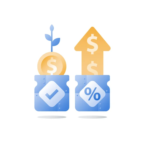 Fondo financiero, frasco de vidrio y monedas, cuenta de ahorros, retorno de la inversión, depósito de dinero a largo plazo, crecimiento de capital — Archivo Imágenes Vectoriales