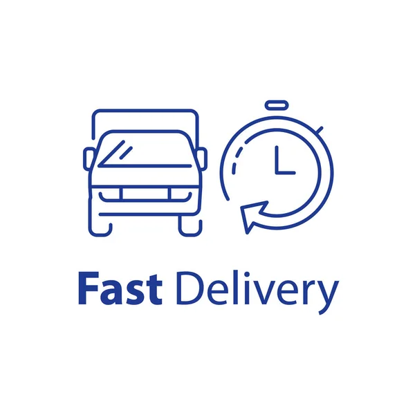 Ikon waktu pengiriman, kendaraan transportasi dan stopwatch, jasa penyewaan truk, ilustrasi vektor - Stok Vektor