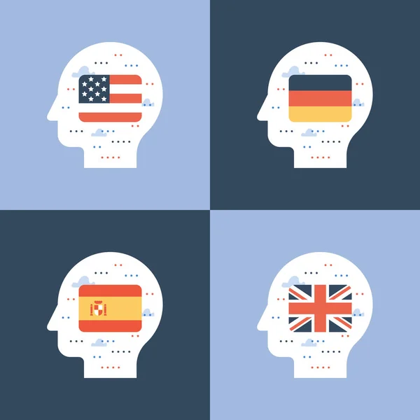 Banderas de inglés, español y alemán, aprendizaje de idiomas extranjeros, educación internacional, intercambio de estudiantes — Vector de stock