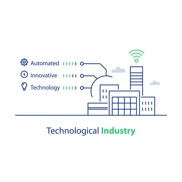 Construção de fábrica moderna, indústria tecnológica, produção automatizada, solução inteligente, ícone linear vetorial —  Vetores de Stock