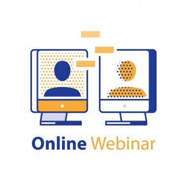 Uzaktan öğrenme, web semineri kavramı, online iletişim, internet semineri, web toplantısı, iki kişi konuşuyor, sosyal medya