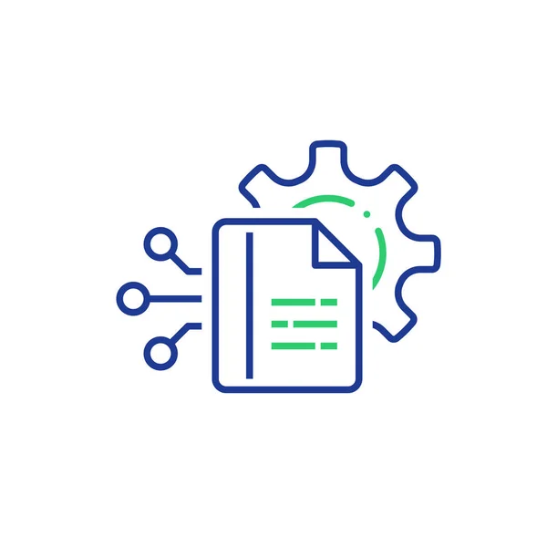 Tecnología de procesamiento de macrodatos, almacenamiento y análisis, captura de información digital, documento manual — Vector de stock