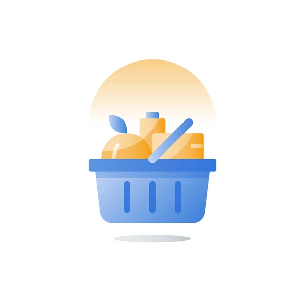 Boodschappenmand, eten kopen, supermarkt speciale aanbieding, Vector plat pictogram — Stockvector