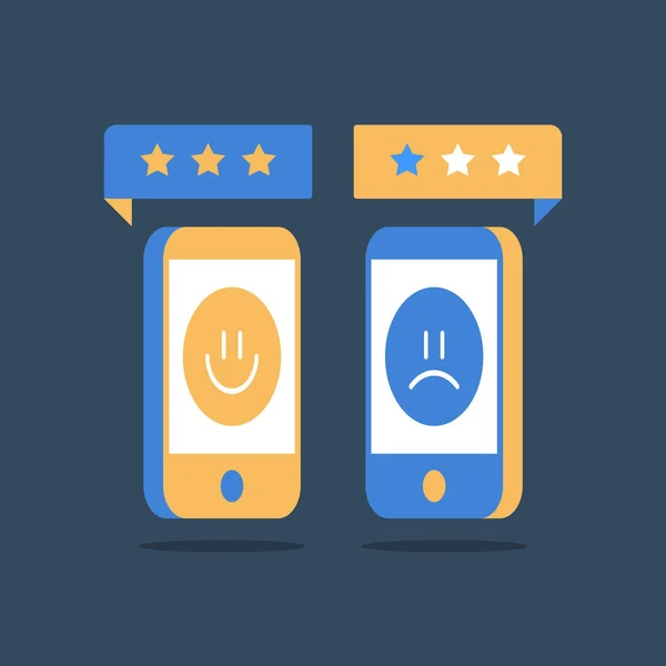 Jó vagy rossz Vásárlóink értékelése, online felülvizsgálat, minőség-értékelés, a boldog, vagy boldogtalan élményt közvélemény-kutatást — Stock Vector
