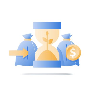Kum saati ve bitki kök, servet büyüme, zaman para, finansal güvenlik, gelecek güven, emeklilik fonu, gelir artışı