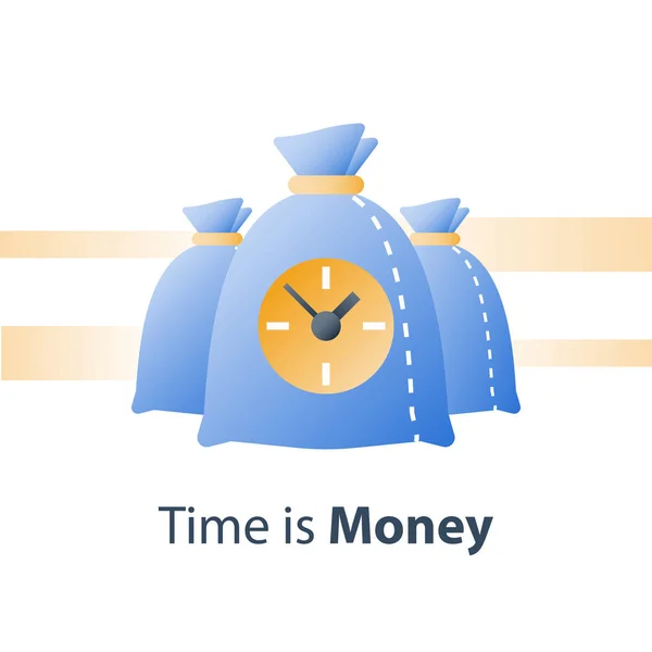 Tempo é dinheiro, relógio e saco, empréstimo rápido, crédito rápido, período de pagamento, conta poupança, benefício financeiro —  Vetores de Stock
