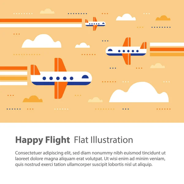 Letadla na obloze, happy flight, ploché ilustrace, létal s rainbow — Stockový vektor