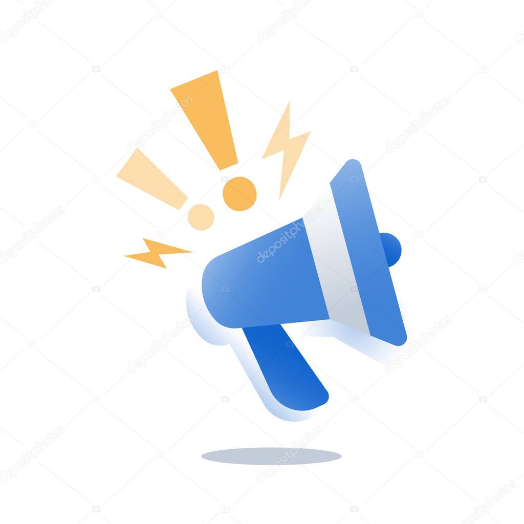 Outbound marketing, smm strategy, promotion campaign, advertising concept, public relations, red megaphone, advance information, organize event, fake news, announcement message, voice amplifier icon
