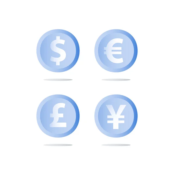 Câmbio de moeda, dólar, euro, lagoa e moedas de iene, empréstimo em dinheiro, conceito de finanças — Vetor de Stock