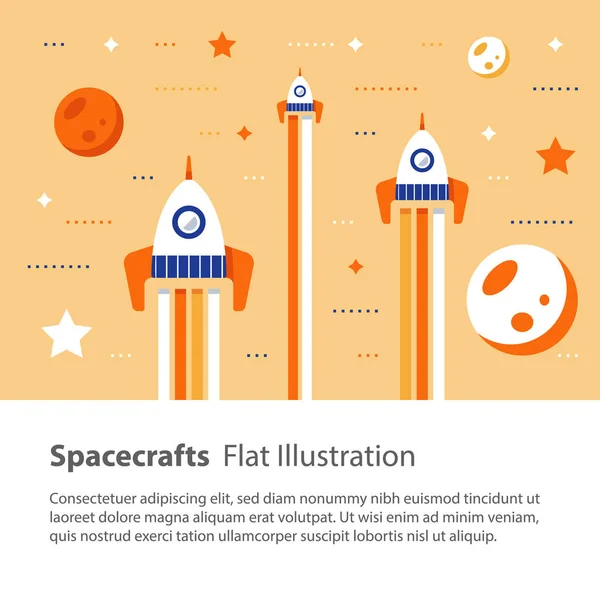 Naves espaciais voando no espaço entre estrelas e planetas, crianças ilustração plana — Vetor de Stock