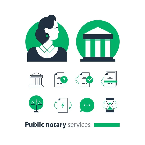 Conjunto de iconos de servicios de notario público, abogacía bufete de abogados consultar documento certificar — Vector de stock