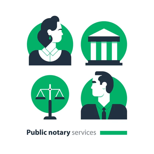 Conjunto de iconos de servicios de notario público, abogacía bufete de abogados consultar documento certificar — Vector de stock