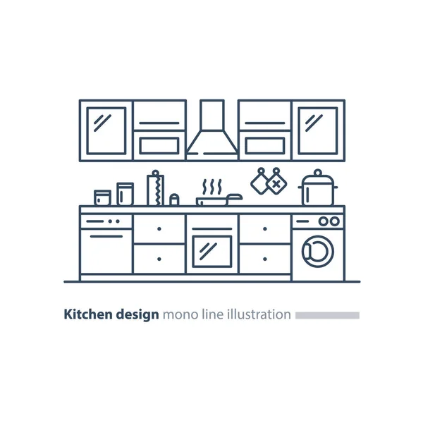 Cozinha design de interiores, conjunto de móveis, plano de arranjo —  Vetores de Stock