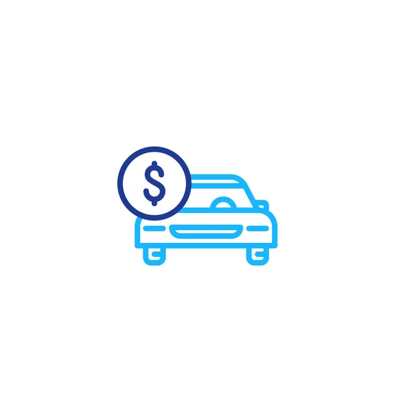 Icono de línea de coche y moneda de dólar, pago de transporte, alquiler de coche — Vector de stock