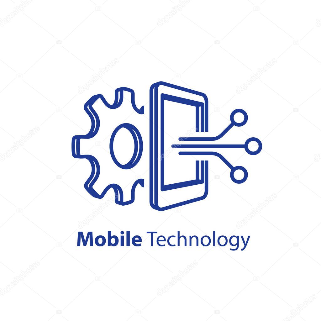 Mobile technology concept, smartphone innovation, software development, vector line icon