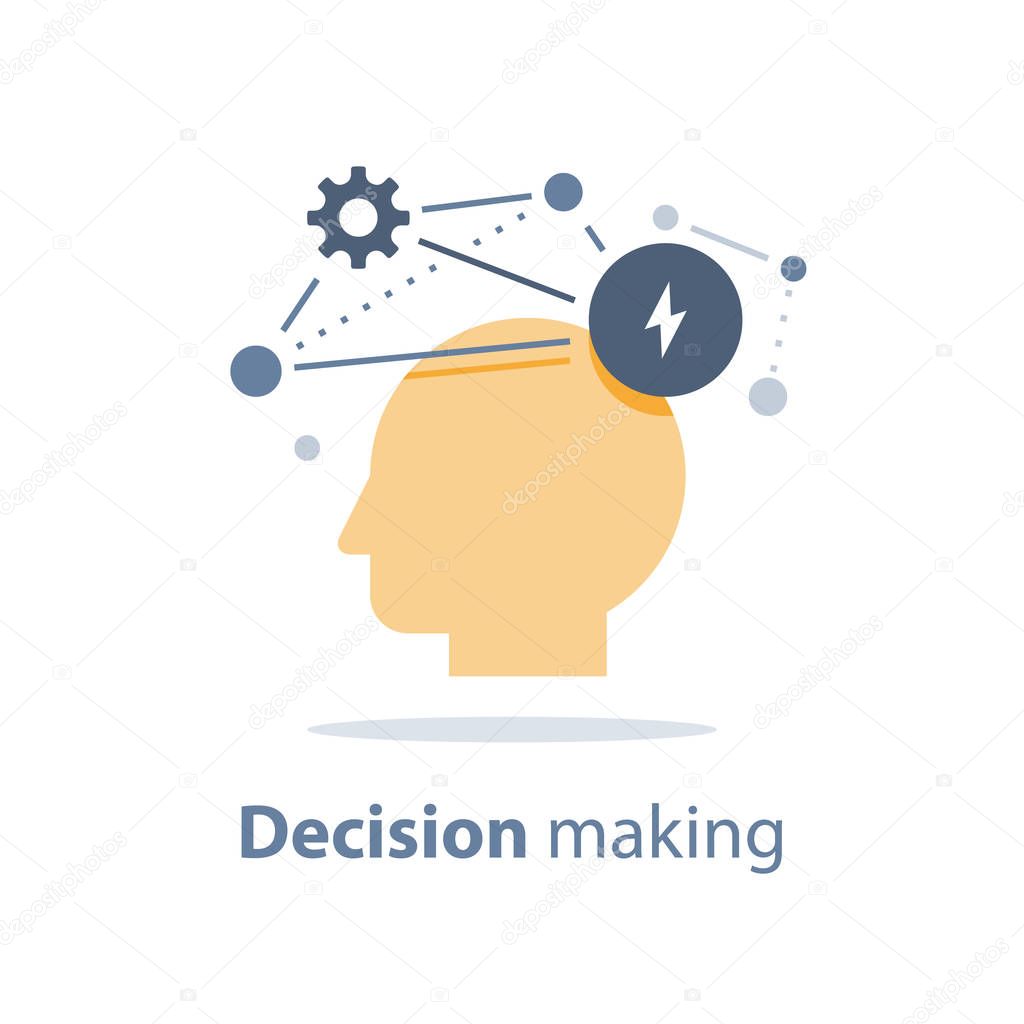 Decision making, emotional intelligence, positive mindset, psychology and neurology, social skills, behavior science, creative thinking, human head, learning concept, vector icon, flat illustration