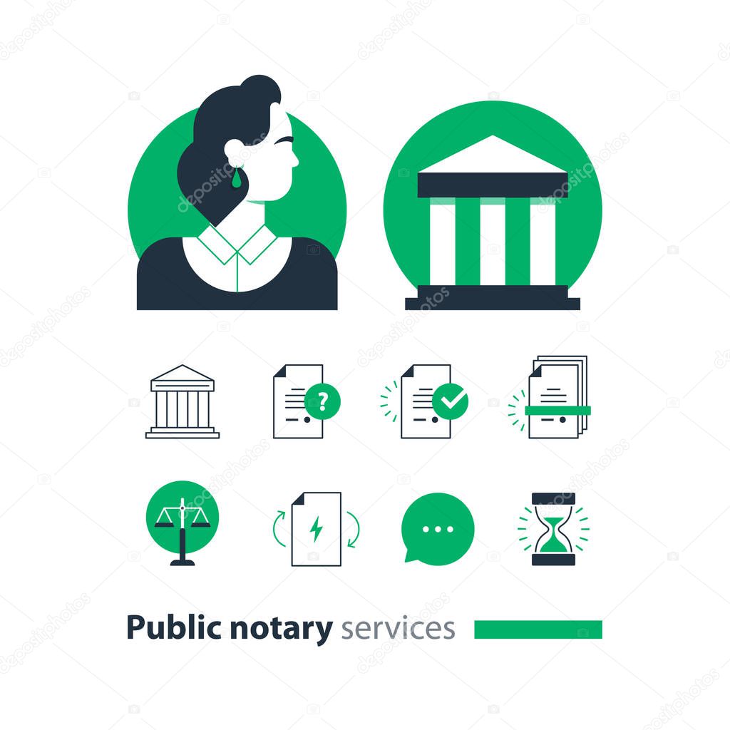 Public notary services icons set, law firm man advocacy consult document certify