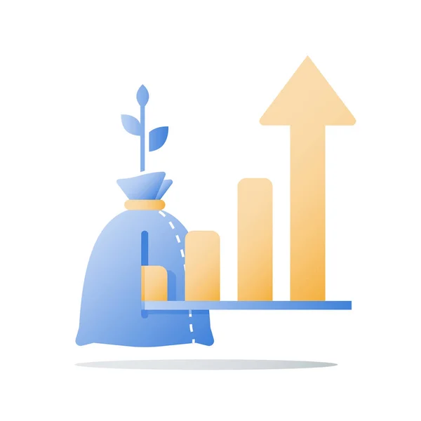 Croissance des revenus, fonds d'investissement, augmentation des revenus, retour sur investissement, gestion de patrimoine à long terme, plus d'argent, intérêts élevés — Image vectorielle