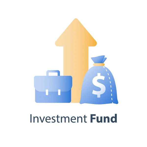 Retorno do investimento, relatório de crescimento financeiro, gestão de fundos, aumento de receita, taxa de juros, ganhar dinheiro, estratégia do mercado de ações —  Vetores de Stock