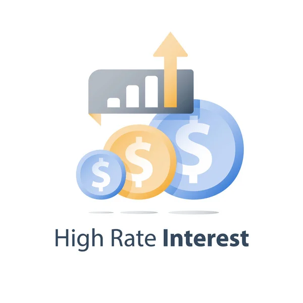 Aumento das receitas, crescimento da carteira de investimentos, relatório de desempenho financeiro, estratégia de melhoria dos rendimentos, taxa de juro — Vetor de Stock