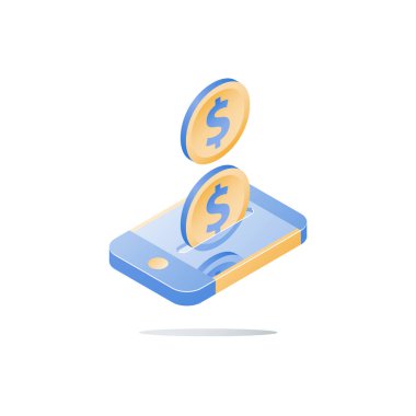 İzometrik smartphone ve doları para, mobil ödeme, online bankacılık, finansal hizmetler, para göndermek