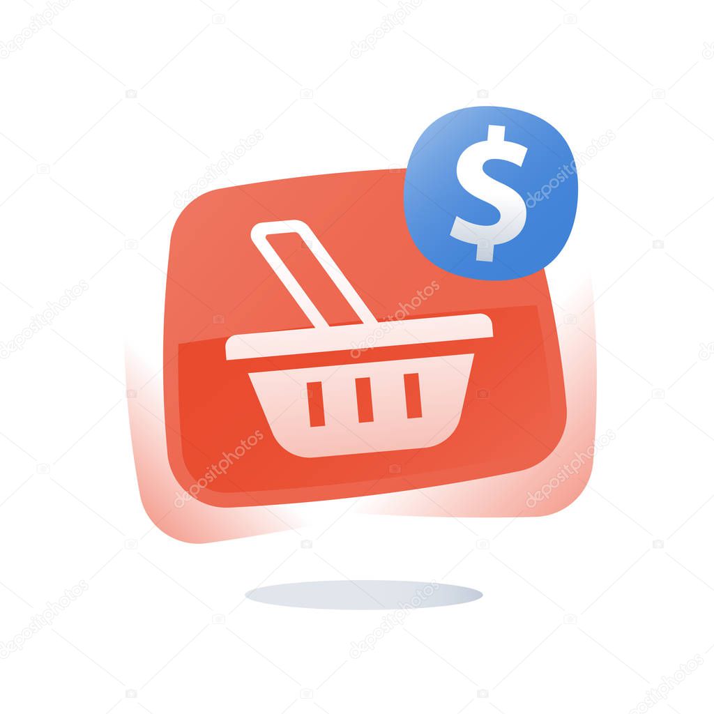 Shop basket, abandoned cart concept, online shopping button, marketing and promotion, limited offer, best deal, loyalty program, sales improvement, vector flat icon