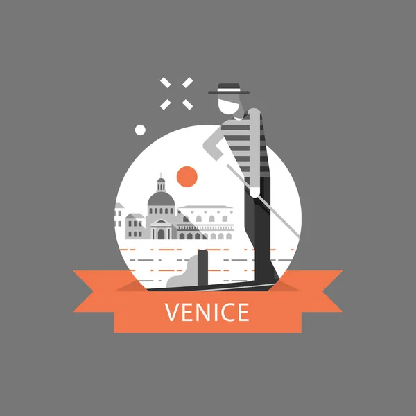 Destino de viaje, Italia, símbolo de Venecia, monumento famoso, góndola y hombre de sombrero — Vector de stock