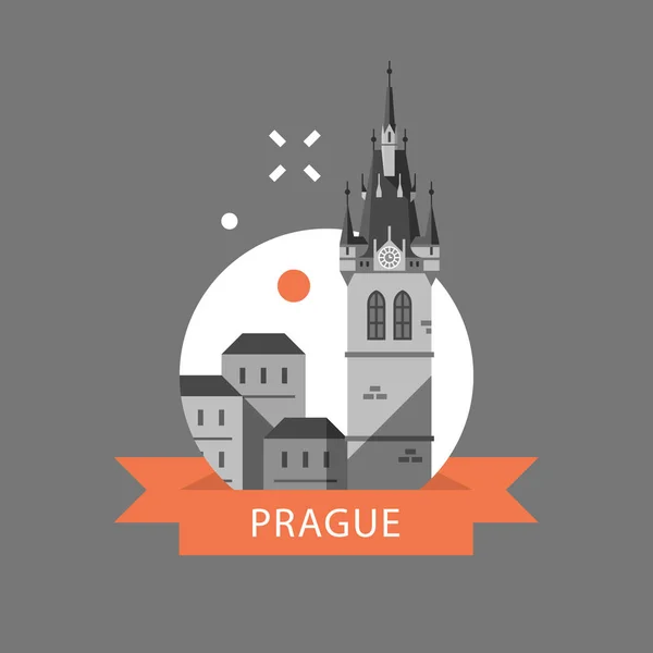 Praga símbolo, casco antiguo, torre con reloj y grupo de casas, República Checa destino de viaje — Vector de stock