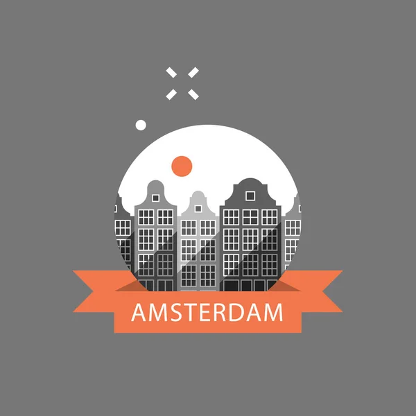 Turismo en Europa, Holanda destino turístico, Amsterdam fila de casas, paisaje urbano, arquitectura urbana, skyline barrio — Vector de stock