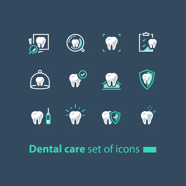 Services de stomatologie, soins dentaires, contrôle préventif, hygiène et traitement, icônes de ligne — Image vectorielle