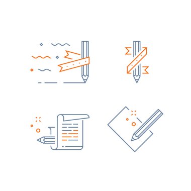 Hikaye anlatımı kavramı, yaratıcı yazarlık, kalem ve kağıt, copywriting, doğrusal simgesi