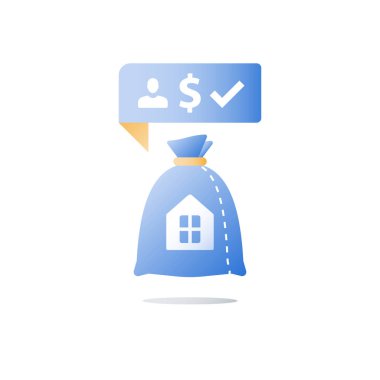 Satın ev, ipotek kavramı, kredi almak, gayrimenkul ödeme, para çantası, ev bütçesi