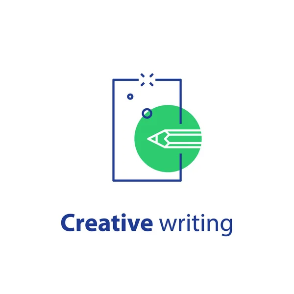 Mesemondó koncepció, a kreatív írás, a ceruza és a papírlap, másolás írás, lineáris ikon — Stock Vector