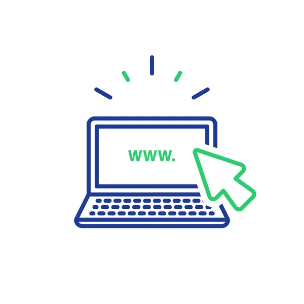 Computadora portátil icono de línea, negocio de Internet, promoción web, el uso de ordenador portátil — Vector de stock