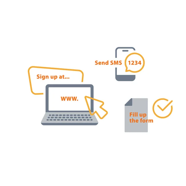 Computadora portátil con cursor, enviar mensaje telefónico, recibir notificación SMS, presentar documento, iconos de línea — Vector de stock