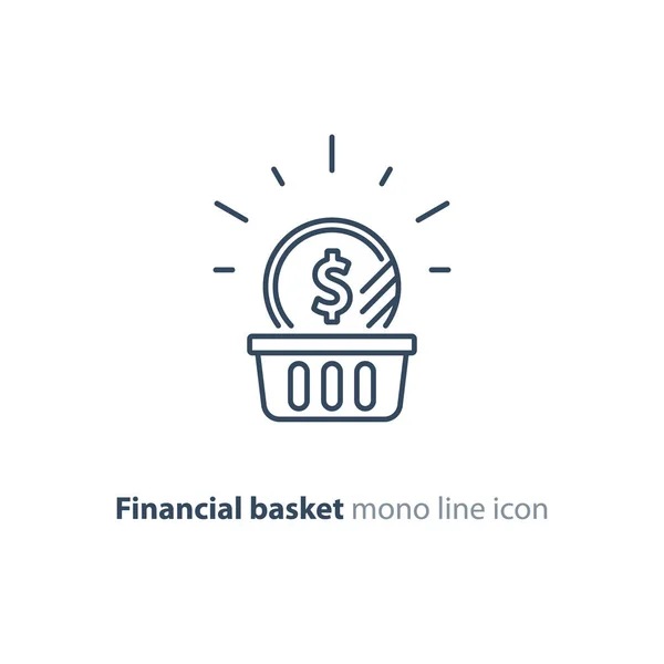 Moeda de dólar na cesta, conceito financeiro, plano de investimento, aumento de receita, ícone de linha — Vetor de Stock