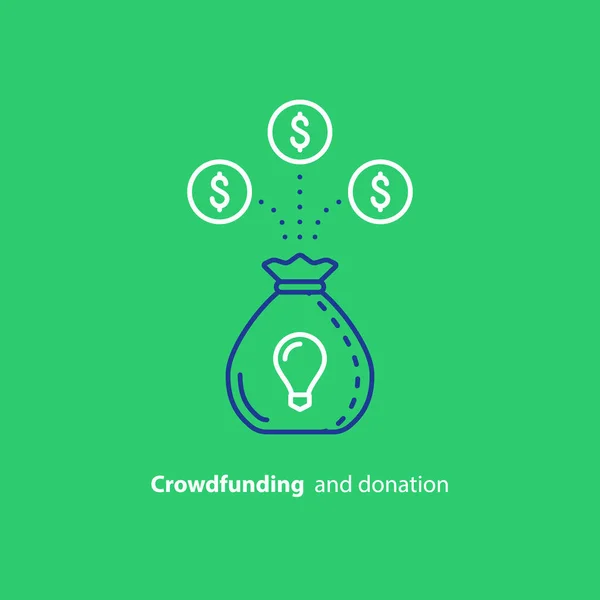 Don d'argent, icône de la ligne de financement participatif, concept d'investissement et de consolidation — Image vectorielle