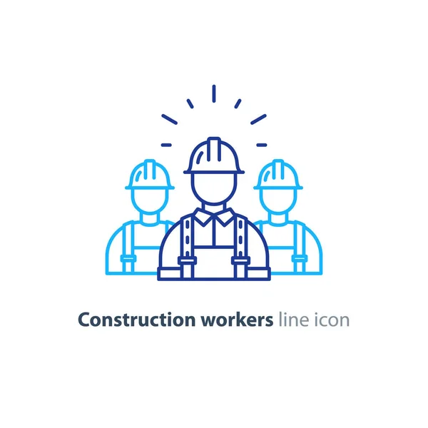 Mano de obra, grupo de trabajadores de la construcción en casco, tres constructores — Vector de stock